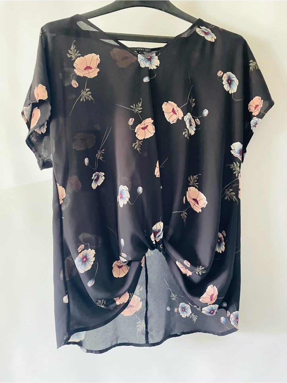 West Kei Black Floral Tie-Front Blouse Sheer Twist Front Knot M